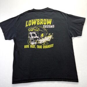 Lowbrow Customs Mens XL Black Skull Ride Fast Take Chances Graphic T-Shirt